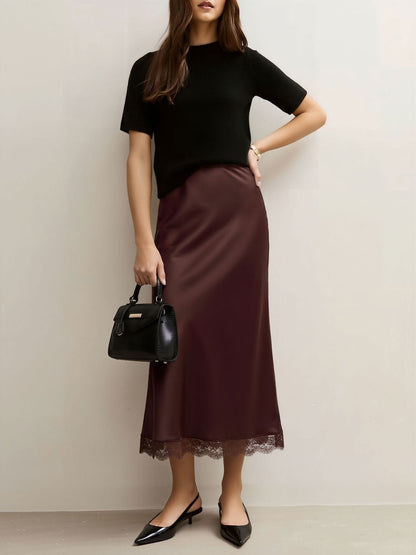 Lace Satin Elastic High Waist Midi Skirt