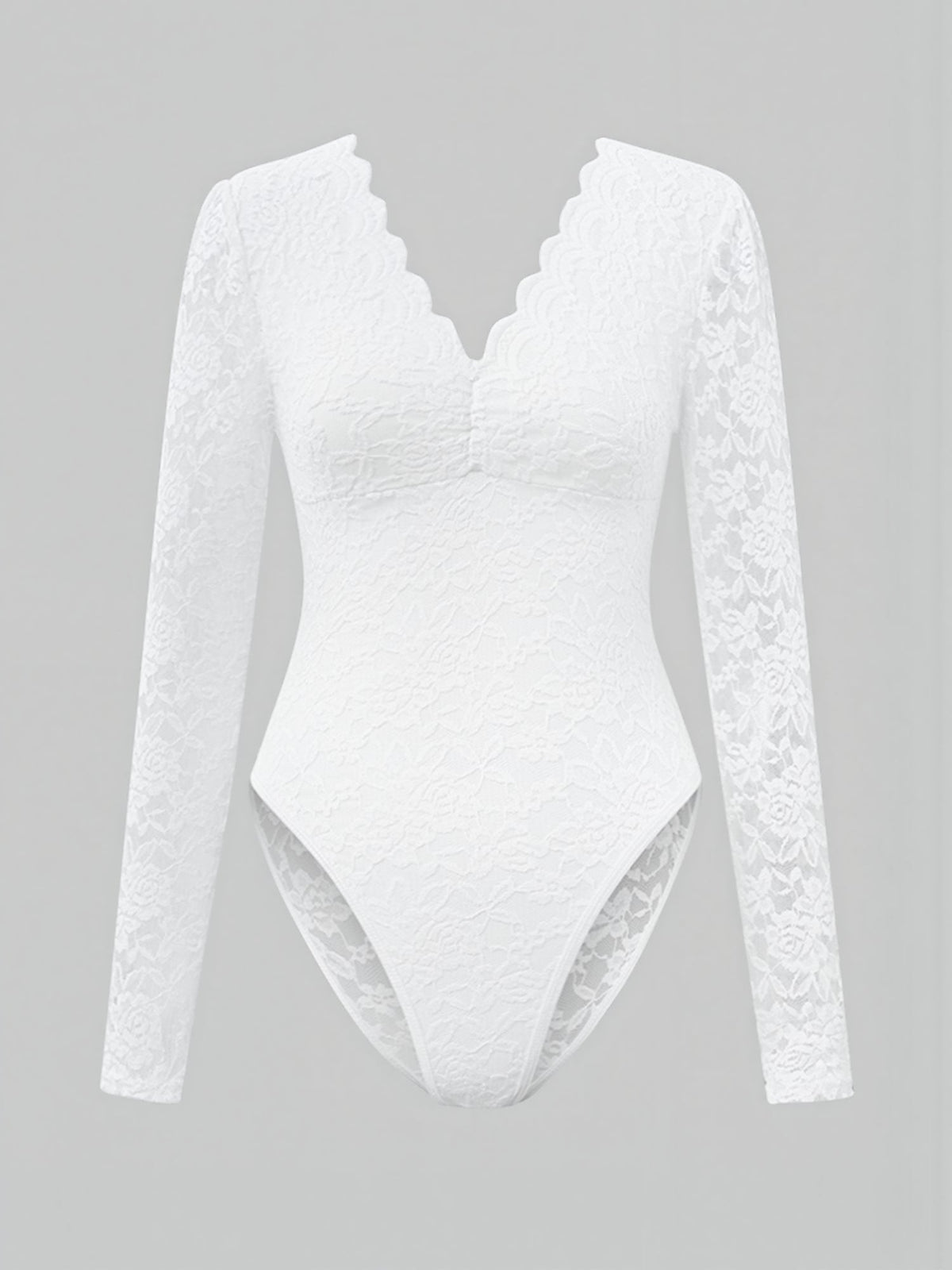 Solid Color Lace Long Sleeve Sheer Fitted Bodysuit