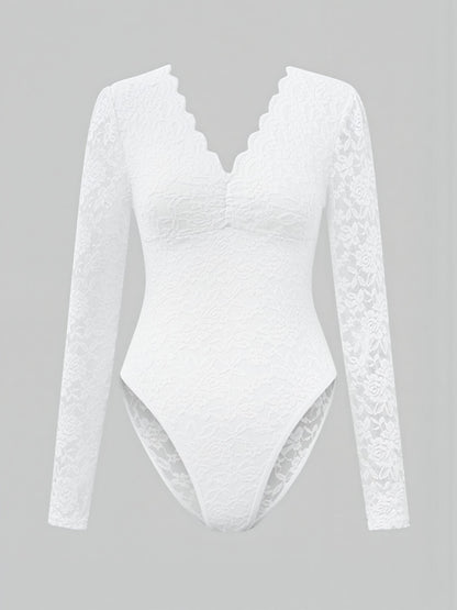 Solid Color Lace Long Sleeve Sheer Fitted Bodysuit
