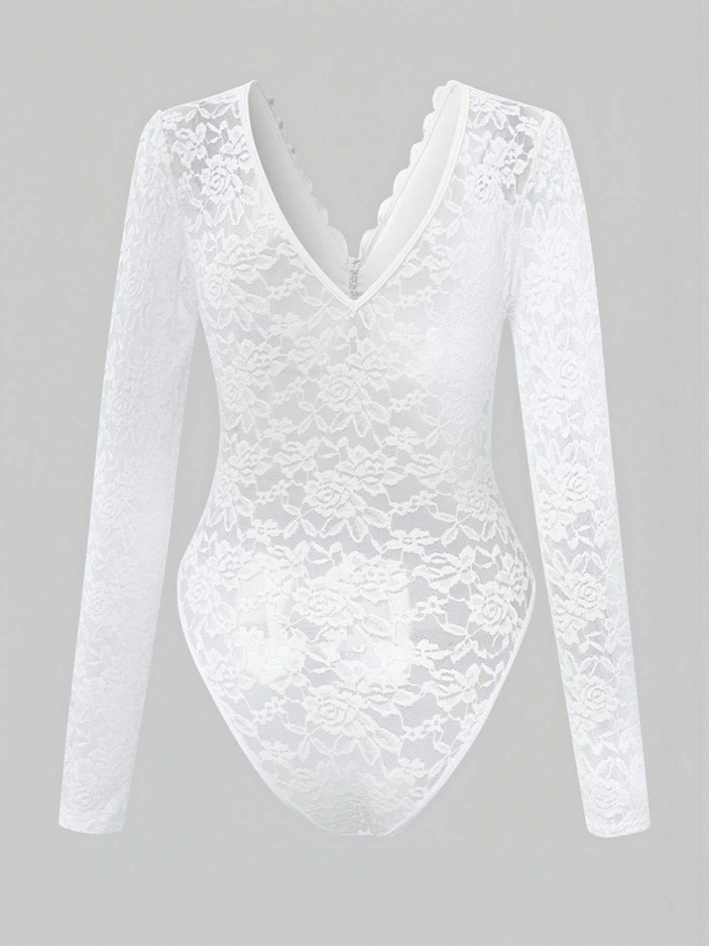Solid Color Lace Long Sleeve Sheer Fitted Bodysuit