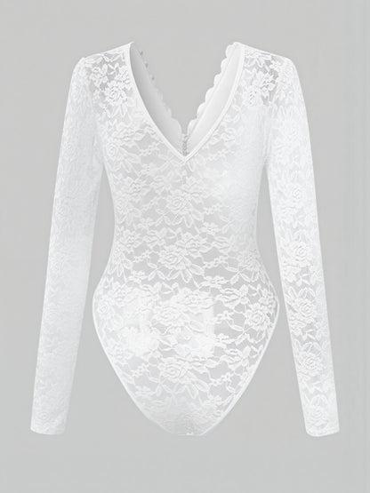 Solid Color Lace Long Sleeve Sheer Fitted Bodysuit