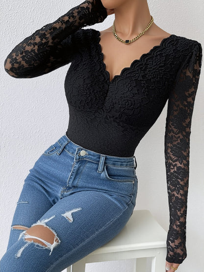 Solid Color Lace Long Sleeve Sheer Fitted Bodysuit