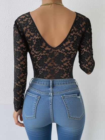 Solid Color Lace Long Sleeve Sheer Fitted Bodysuit