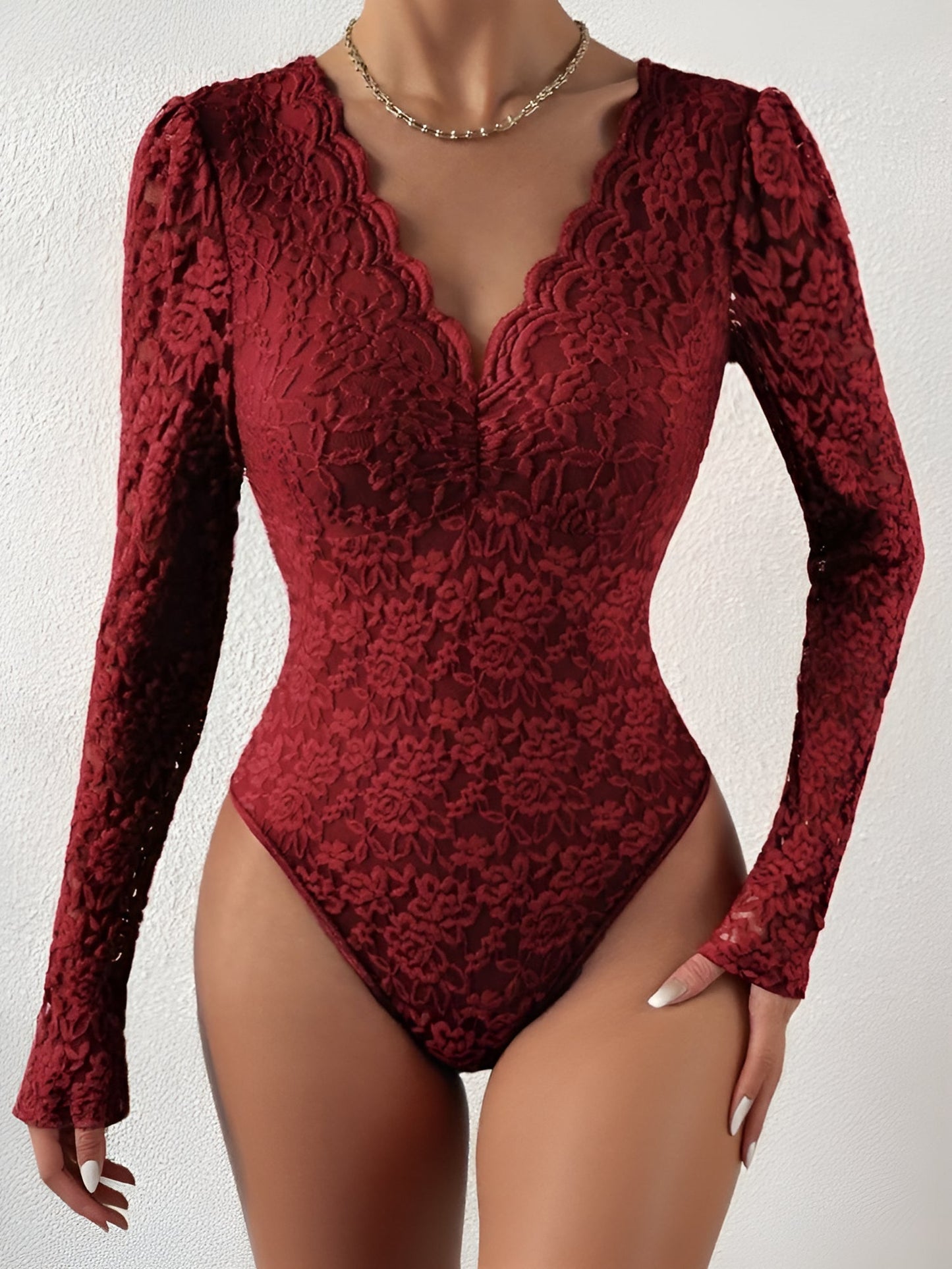 Solid Color Lace Long Sleeve Sheer Fitted Bodysuit