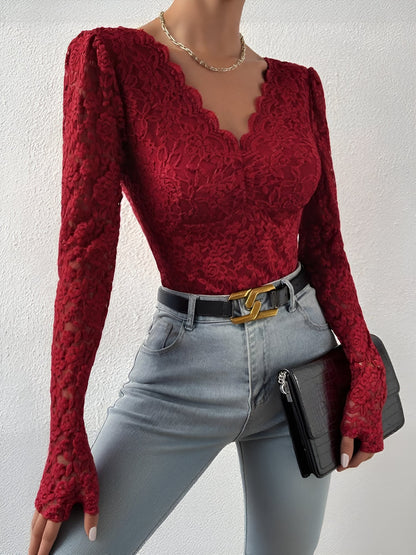 Solid Color Lace Long Sleeve Sheer Fitted Bodysuit