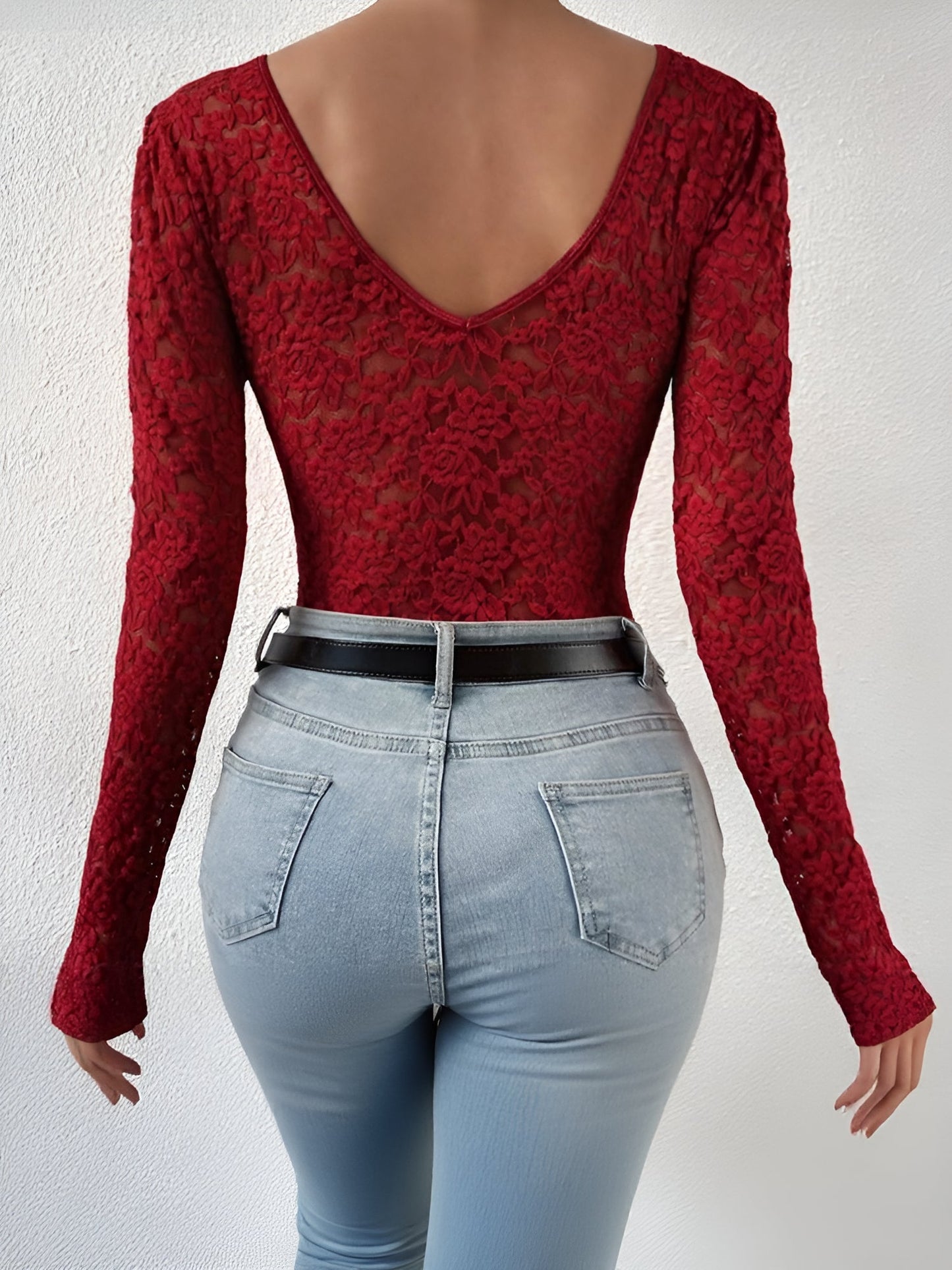 Solid Color Lace Long Sleeve Sheer Fitted Bodysuit