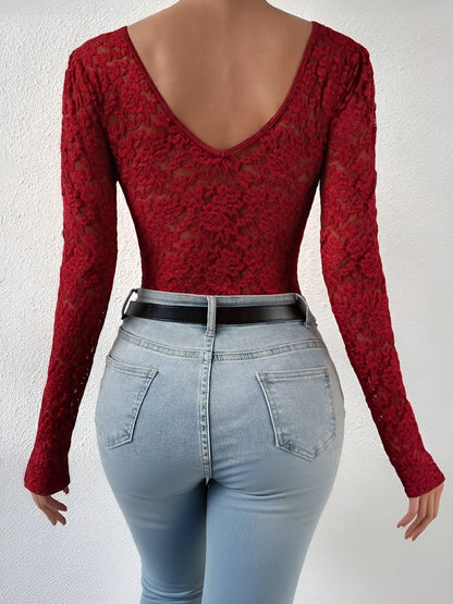 Solid Color Lace Long Sleeve Sheer Fitted Bodysuit
