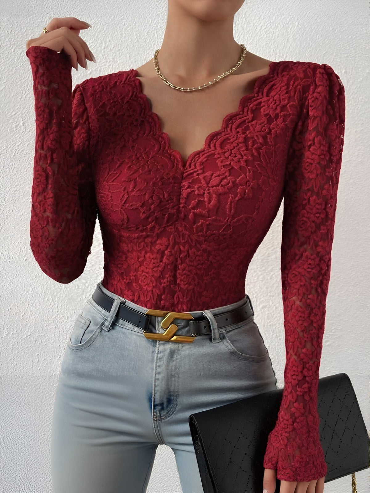 Solid Color Lace Long Sleeve Sheer Fitted Bodysuit