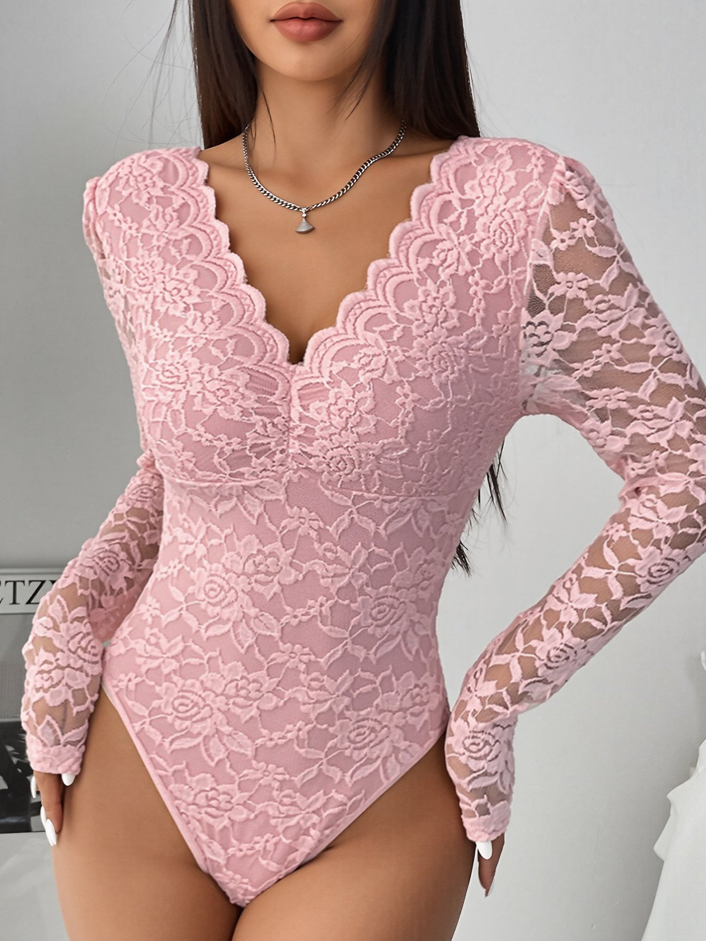 Solid Color Lace Long Sleeve Sheer Fitted Bodysuit