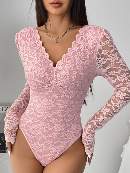 Solid Color Lace Long Sleeve Sheer Fitted Bodysuit