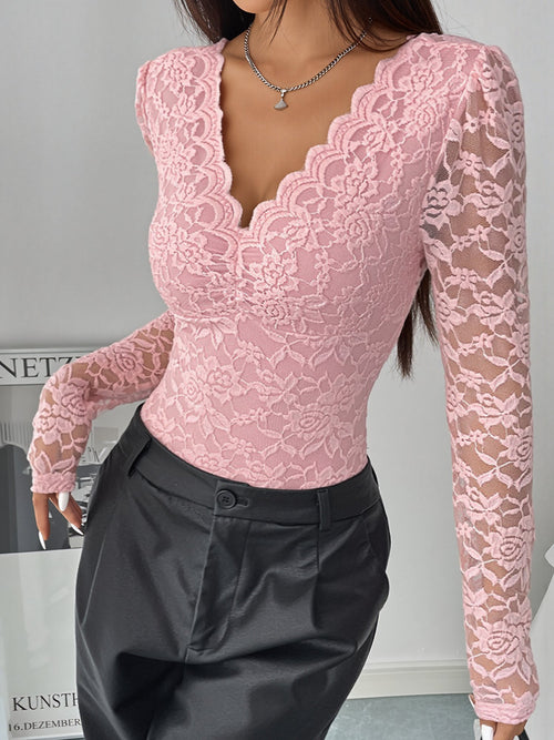 Solid Color Lace Long Sleeve Sheer Fitted Bodysuit