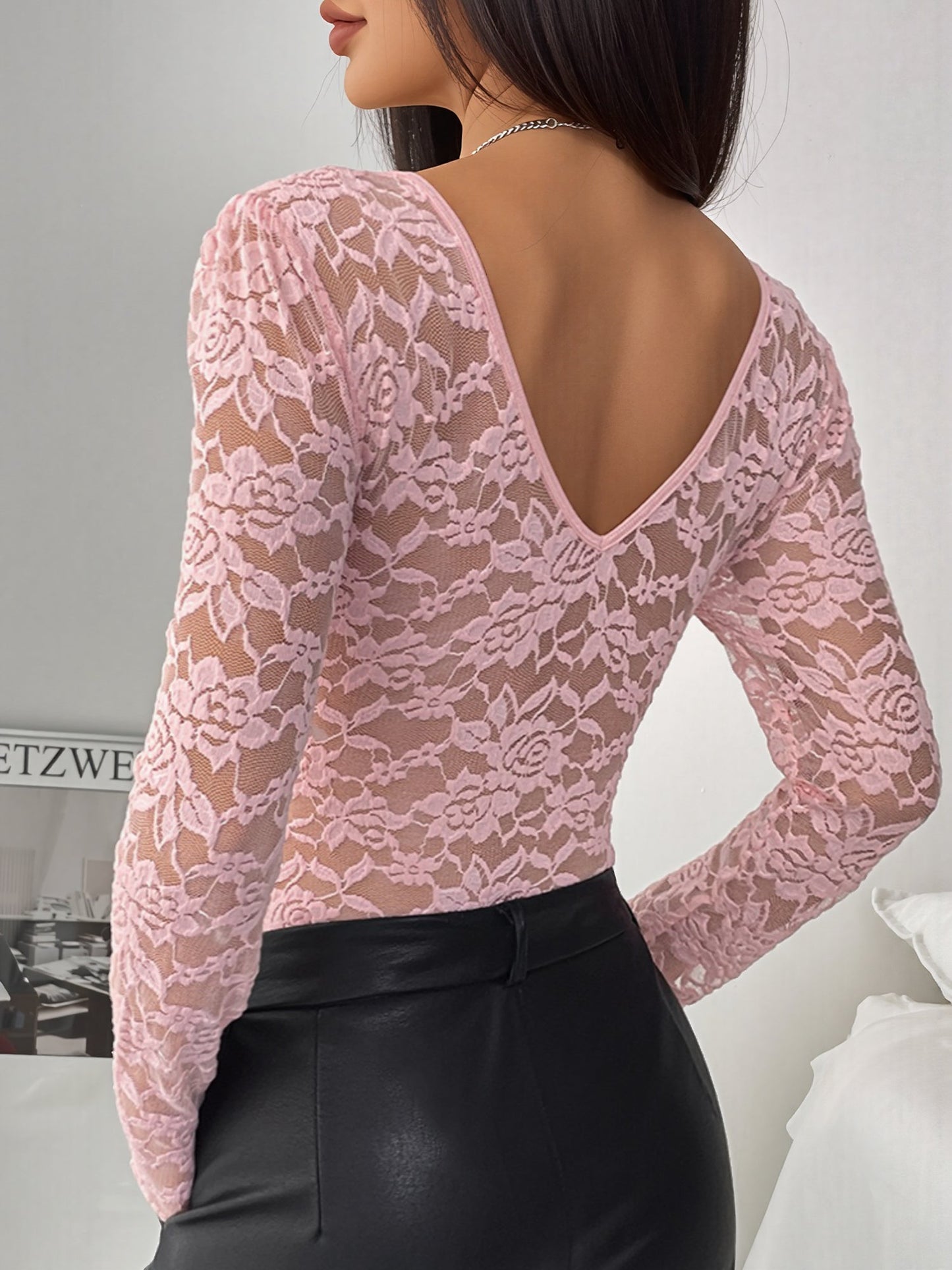 Solid Color Lace Long Sleeve Sheer Fitted Bodysuit