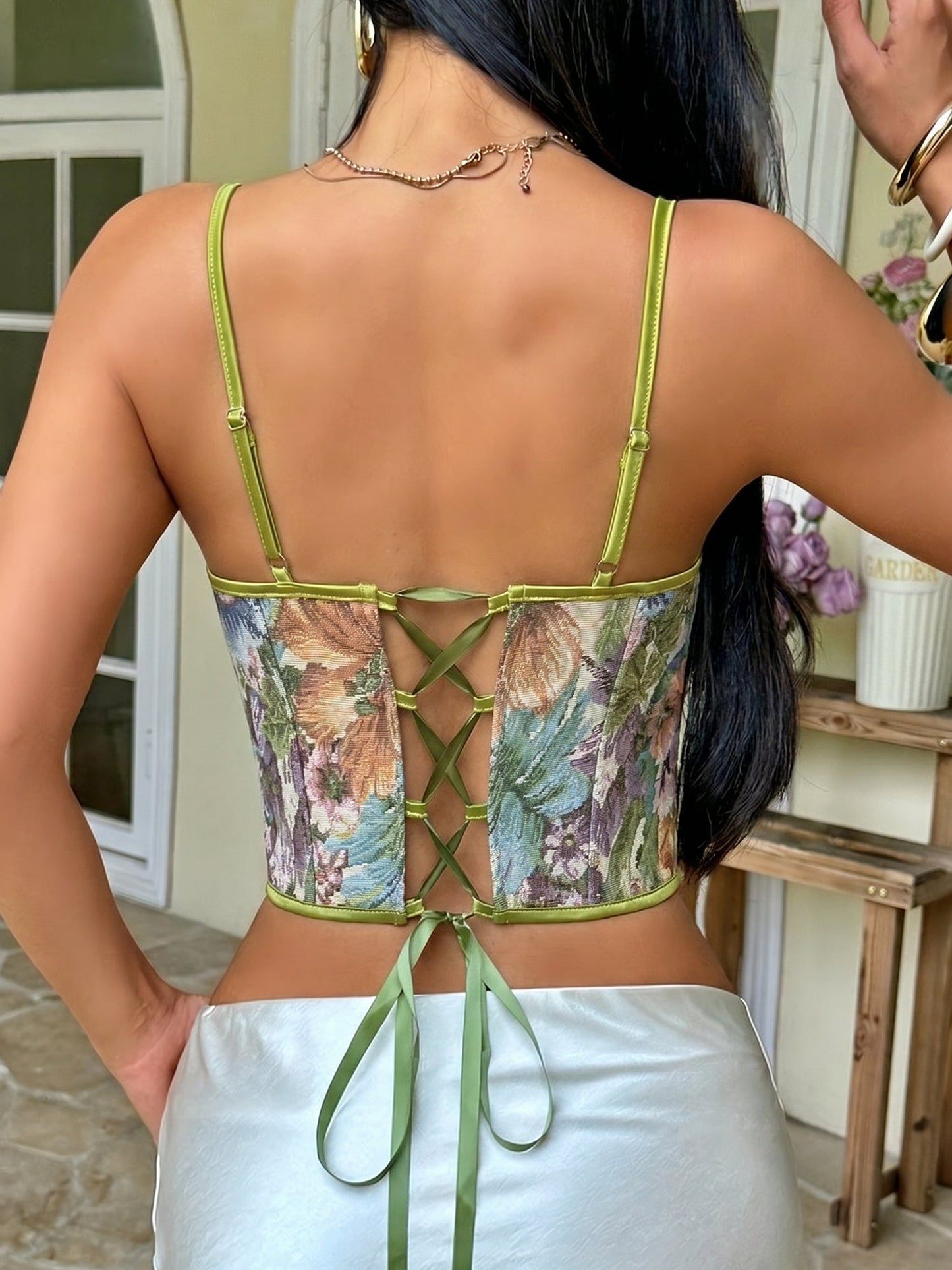 Vintage Floral Jacquard Spaghetti Strap Lace-Up Corset