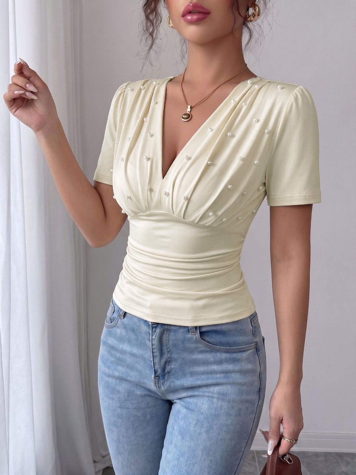 V Neck Ruched Faux Pearl Decor Short Sleeves Blouse