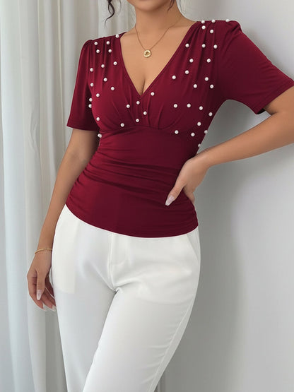 V Neck Ruched Faux Pearl Decor Short Sleeves Blouse