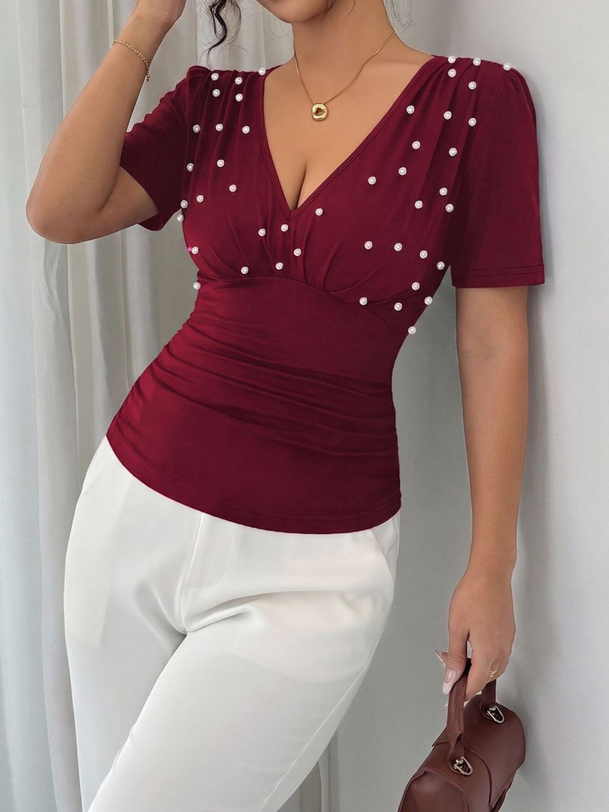 V Neck Ruched Faux Pearl Decor Short Sleeves Blouse