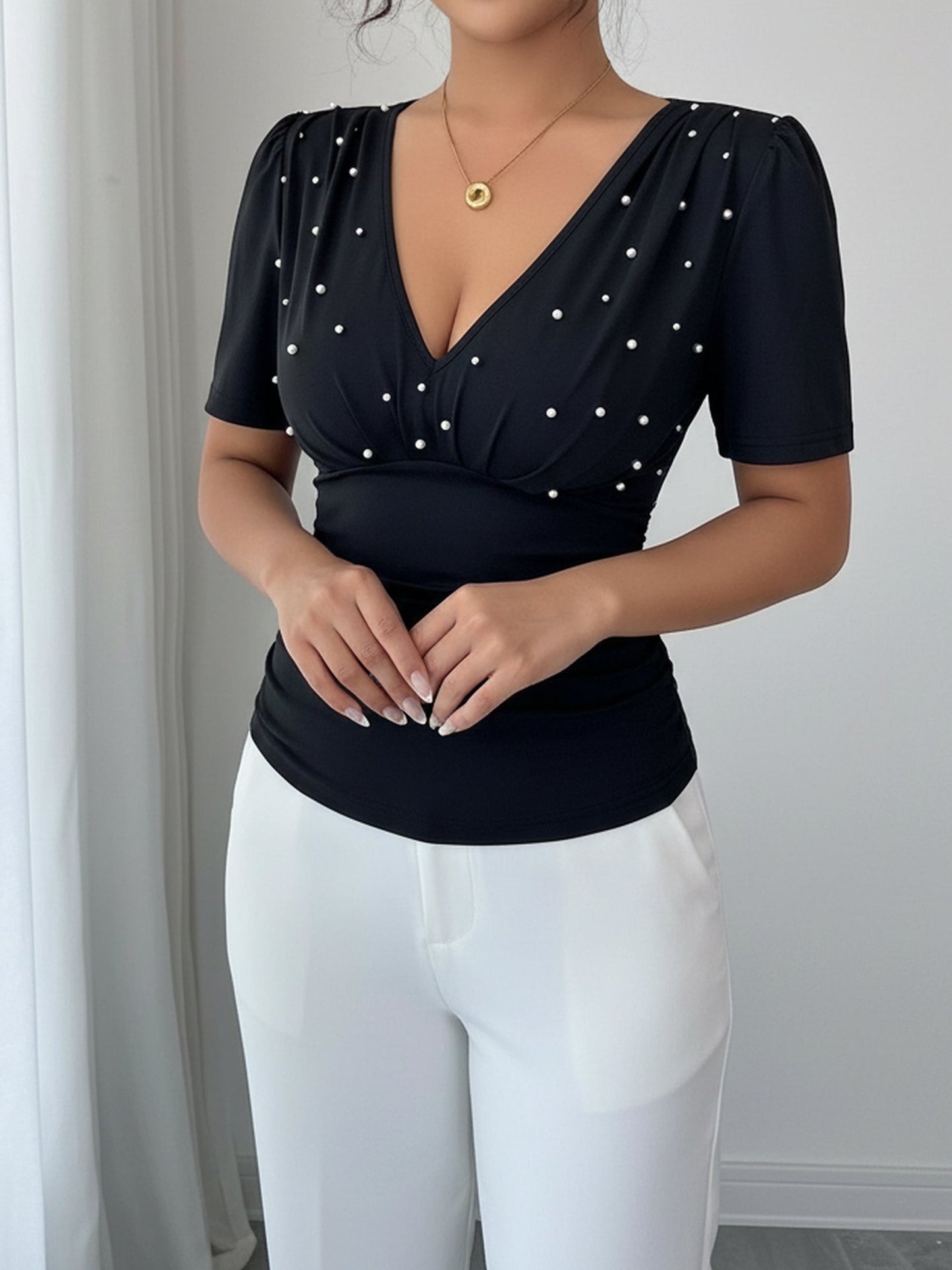 V Neck Ruched Faux Pearl Decor Short Sleeves Blouse