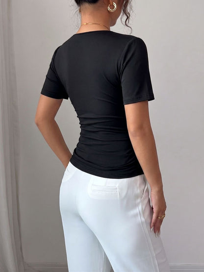 V Neck Ruched Faux Pearl Decor Short Sleeves Blouse