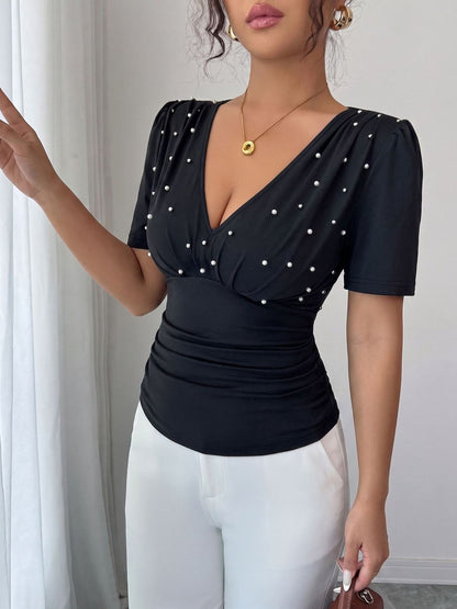 V Neck Ruched Faux Pearl Decor Short Sleeves Blouse