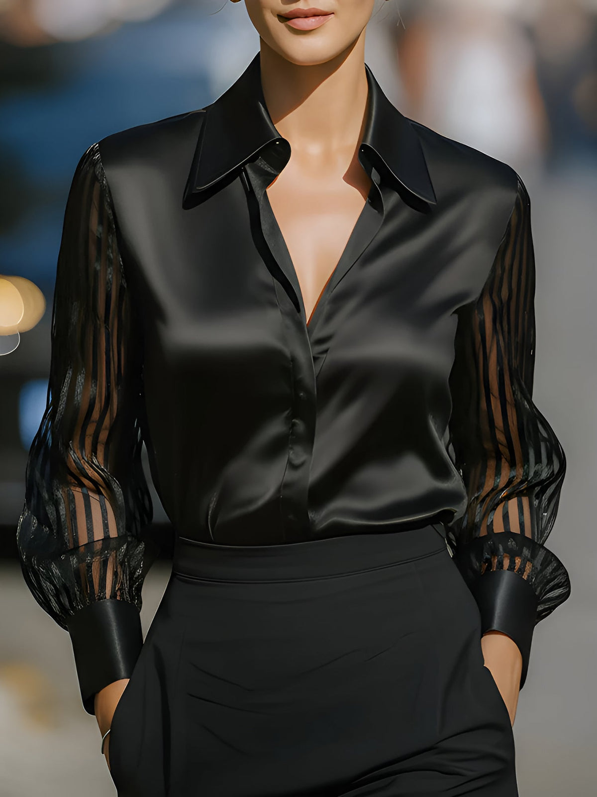Collared Satin Sheer Long Sleeves Work Blouse