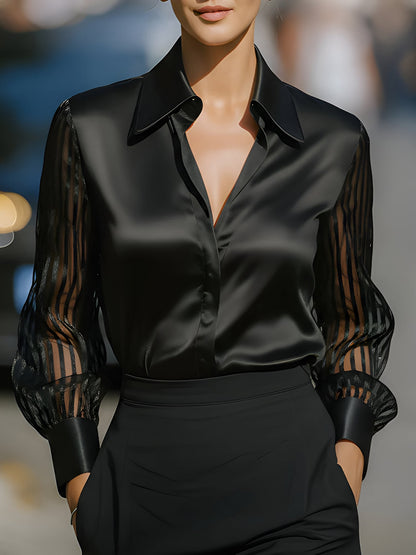 Collared Satin Sheer Long Sleeves Work Blouse