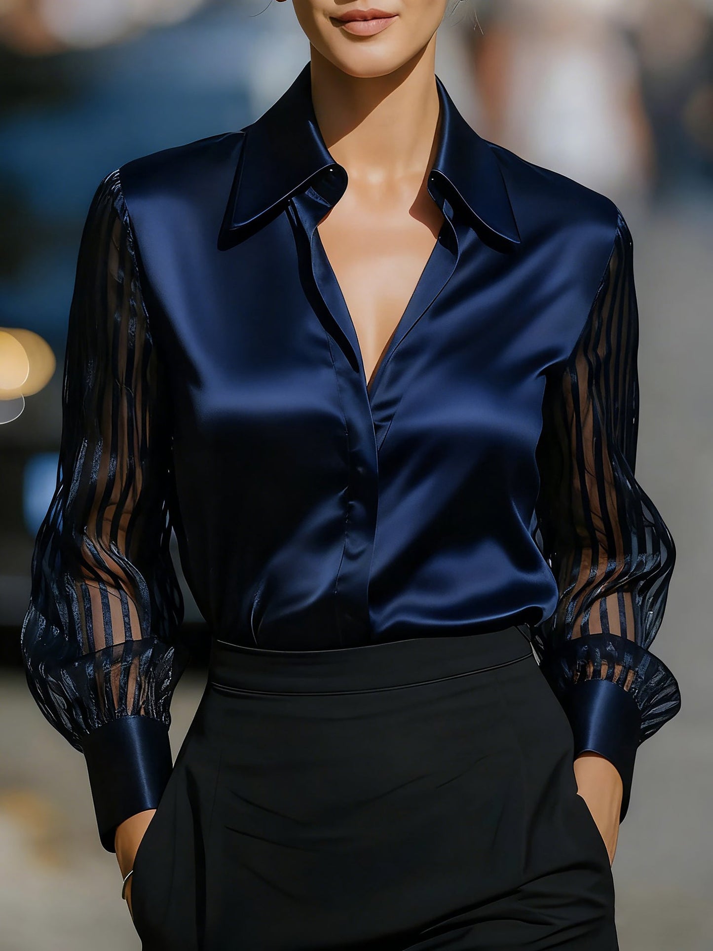 Collared Satin Sheer Long Sleeves Work Blouse