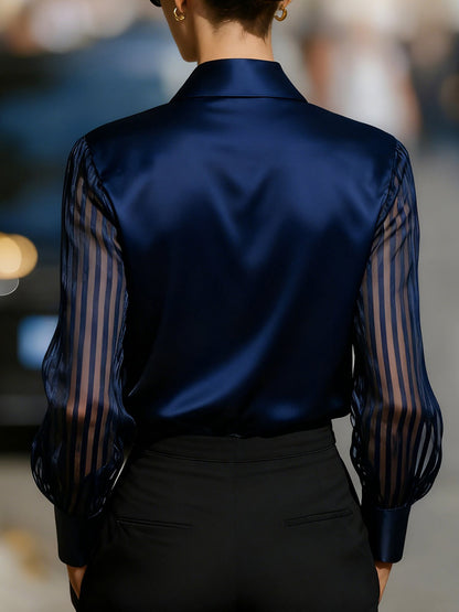 Collared Satin Sheer Long Sleeves Work Blouse