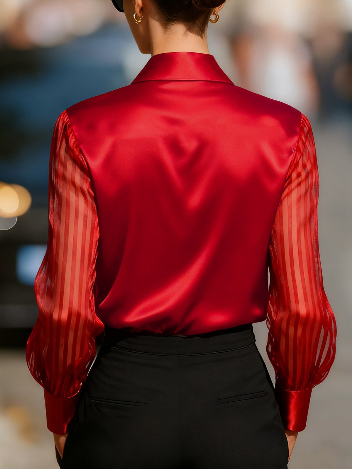 Collared Satin Sheer Long Sleeves Work Blouse