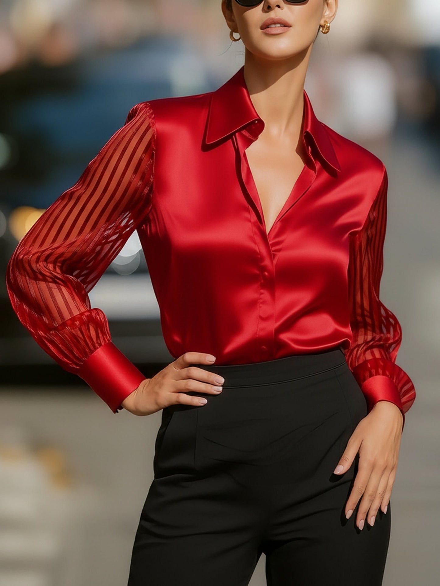 Collared Satin Sheer Long Sleeves Work Blouse