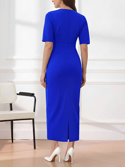 Round Neck Mid Sleeves 3D Flower Midi Sheath Dress
