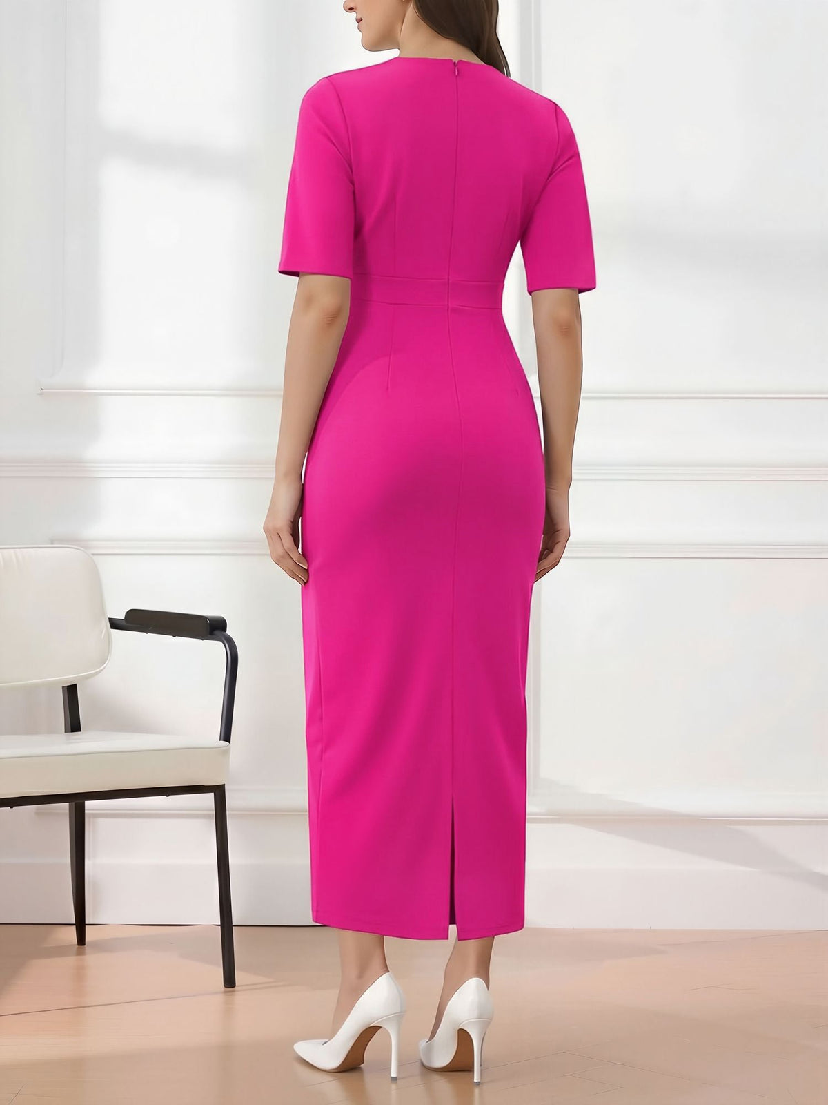 Round Neck Mid Sleeves 3D Flower Midi Sheath Dress
