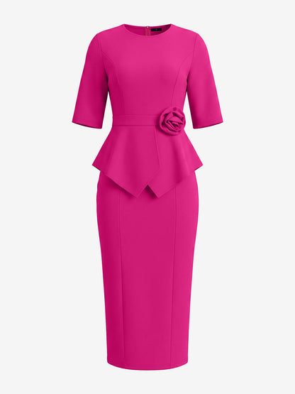 Round Neck Mid Sleeves 3D Flower Midi Sheath Dress