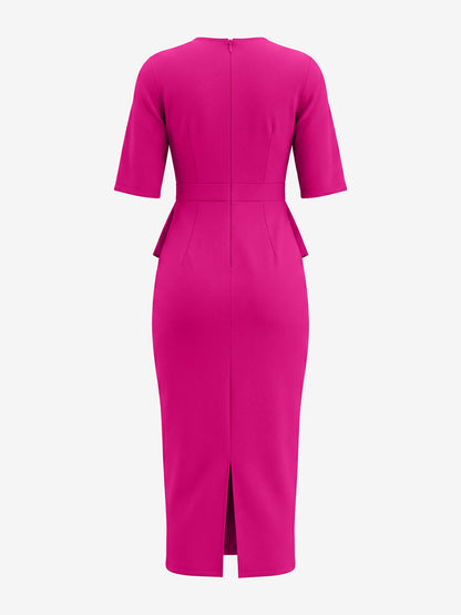 Round Neck Mid Sleeves 3D Flower Midi Sheath Dress