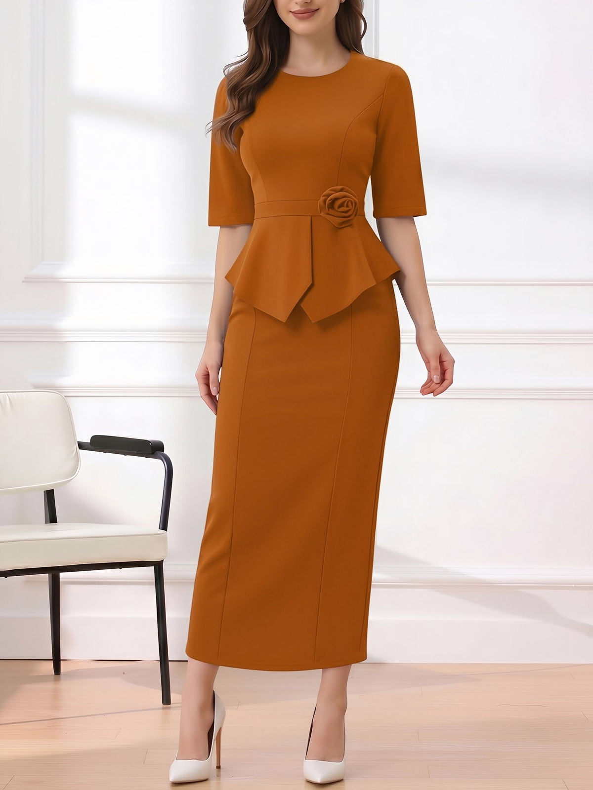 Round Neck Mid Sleeves 3D Flower Midi Sheath Dress
