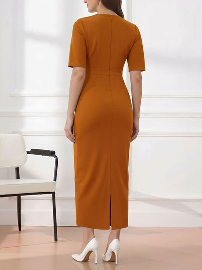 Round Neck Mid Sleeves 3D Flower Midi Sheath Dress