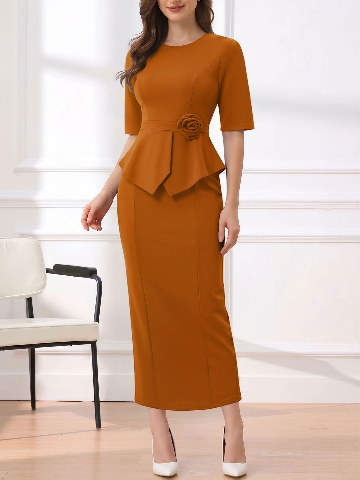 Round Neck Mid Sleeves 3D Flower Midi Sheath Dress