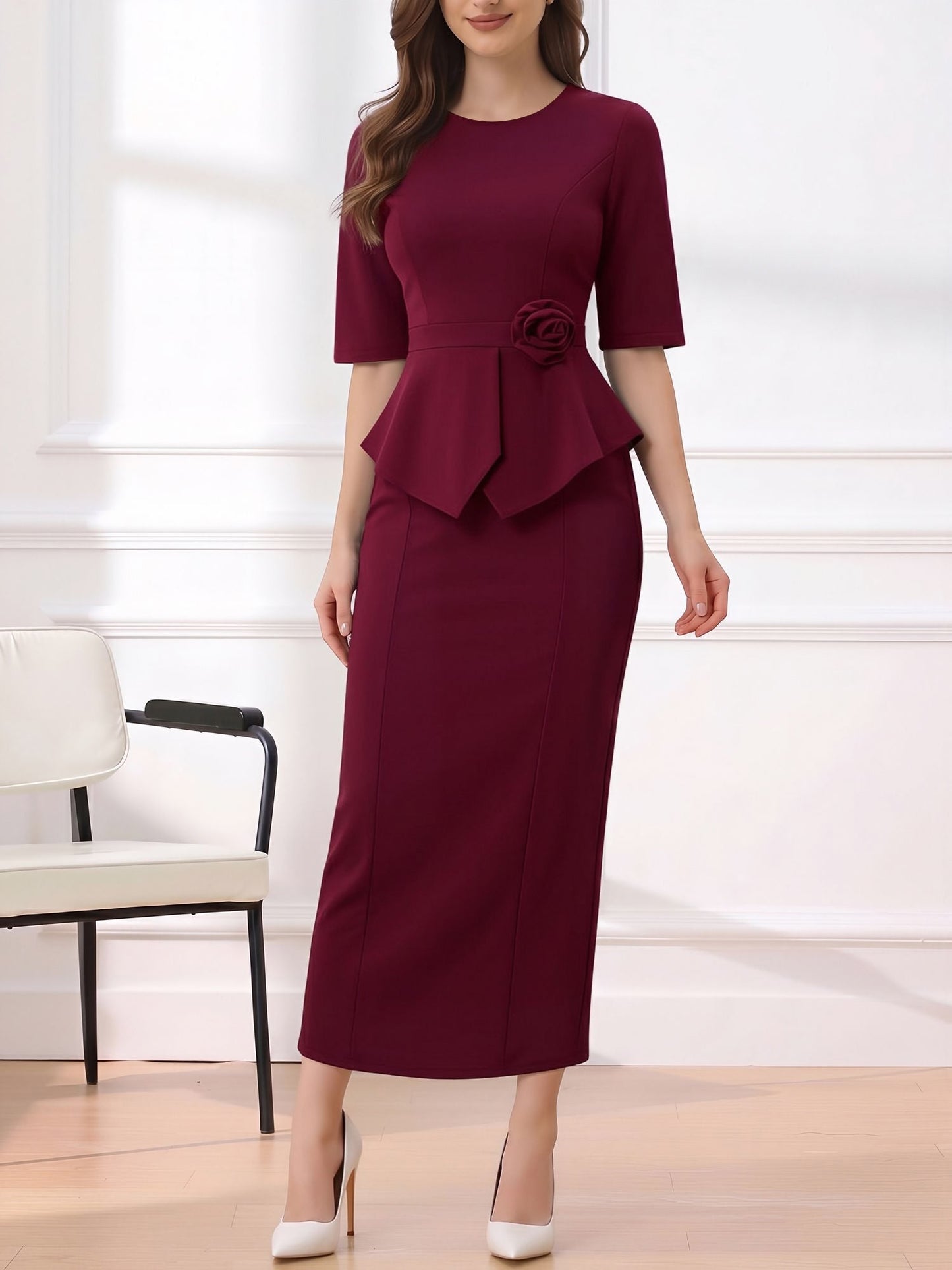 Round Neck Mid Sleeves 3D Flower Midi Sheath Dress