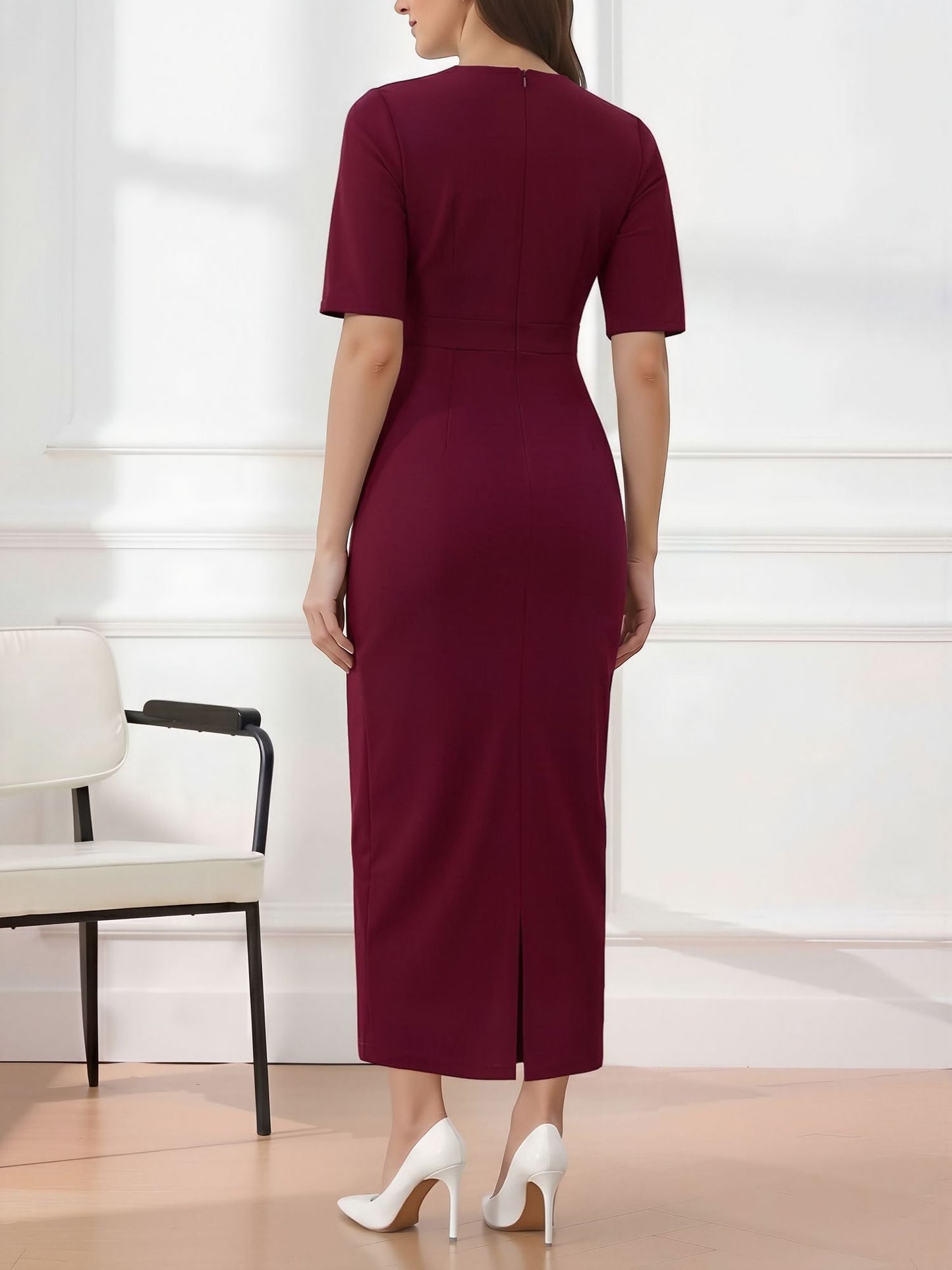 Round Neck Mid Sleeves 3D Flower Midi Sheath Dress
