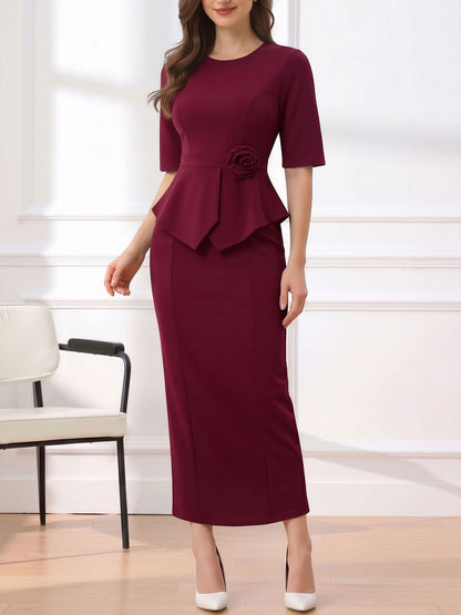 Round Neck Mid Sleeves 3D Flower Midi Sheath Dress