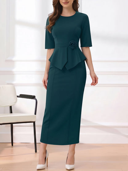 Round Neck Mid Sleeves 3D Flower Midi Sheath Dress