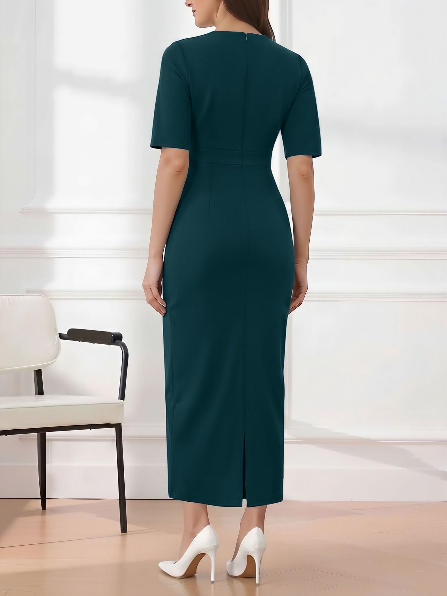 Round Neck Mid Sleeves 3D Flower Midi Sheath Dress