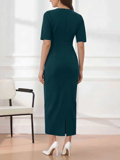 Round Neck Mid Sleeves 3D Flower Midi Sheath Dress