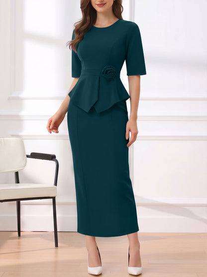 Round Neck Mid Sleeves 3D Flower Midi Sheath Dress