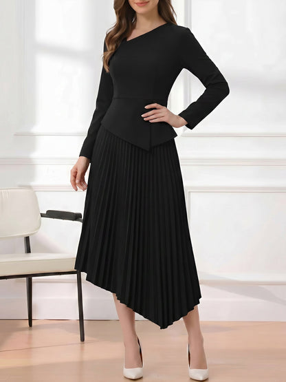 Irregular Hem Solid Color Pleated Long Sleeves Dress
