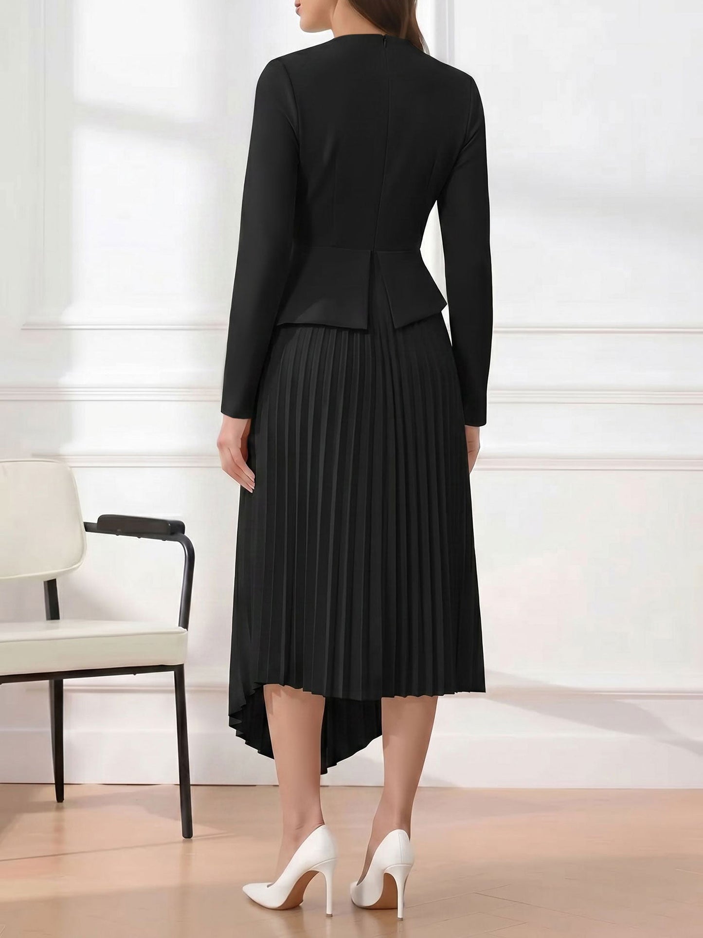 Irregular Hem Solid Color Pleated Long Sleeves Dress