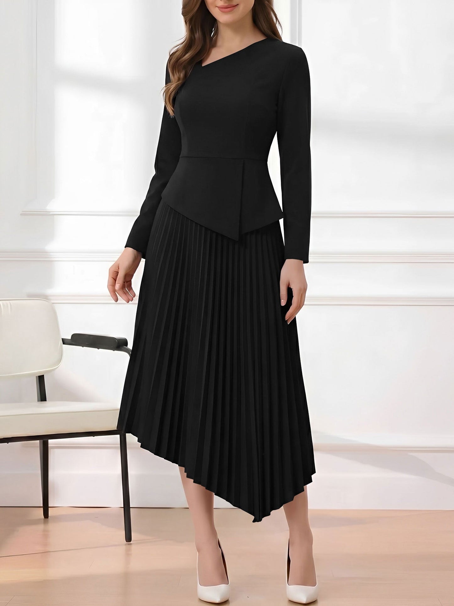 Irregular Hem Solid Color Pleated Long Sleeves Dress