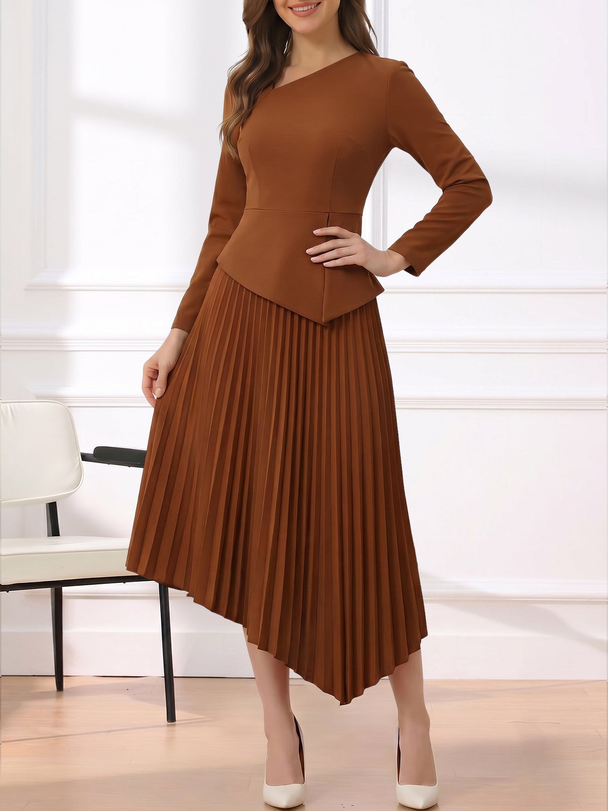 Irregular Hem Solid Color Pleated Long Sleeves Dress