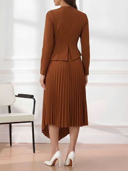 Irregular Hem Solid Color Pleated Long Sleeves Dress
