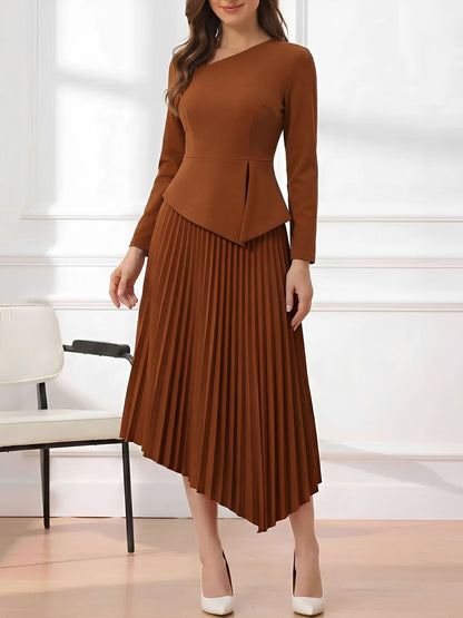 Irregular Hem Solid Color Pleated Long Sleeves Dress