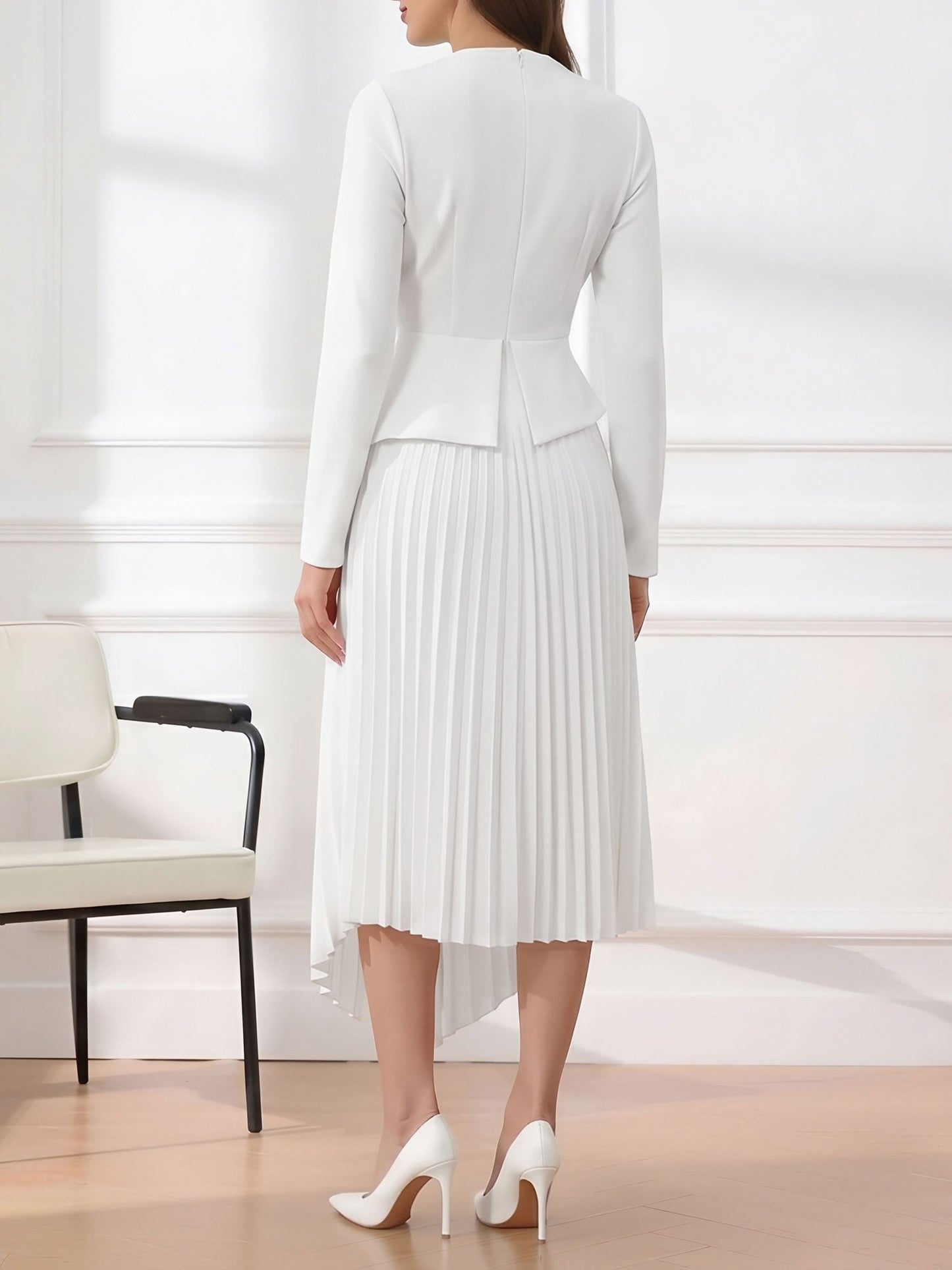 Irregular Hem Solid Color Pleated Long Sleeves Dress
